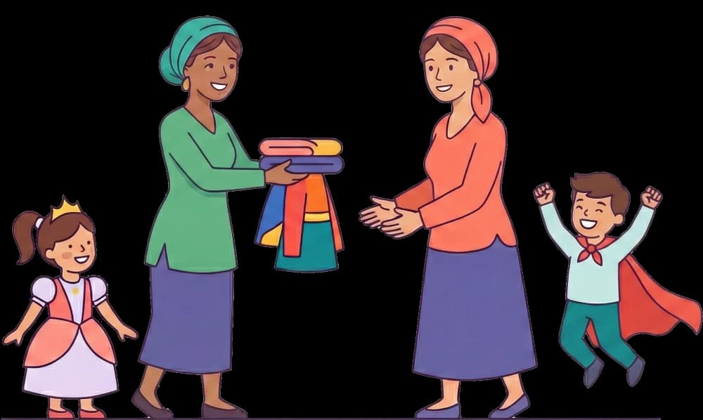 ילדים בתחפושות פורים מחליפים בין משפחות